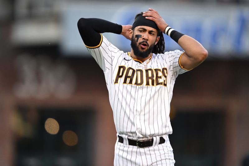 Jul 5, 2023; San Diego, California, USA; San Diego Padres right fielder Fernando Tatis Jr. (23) looks on during the sixth inning against the Los Angeles Angels at Petco Park. Mandatory Credit: Orlando Ramirez-USA TODAY Sports