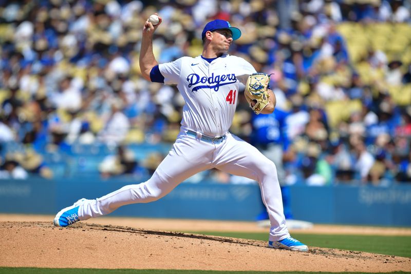 Jun 16, 2024; Los Angeles, California, USA; Los Angeles Dodgers pitcher Daniel Hudson (41) throws against the.Kansas City Royals during the eighth inning at Dodger Stadium. Mandatory Credit: Gary A. Vasquez-USA TODAY Sports