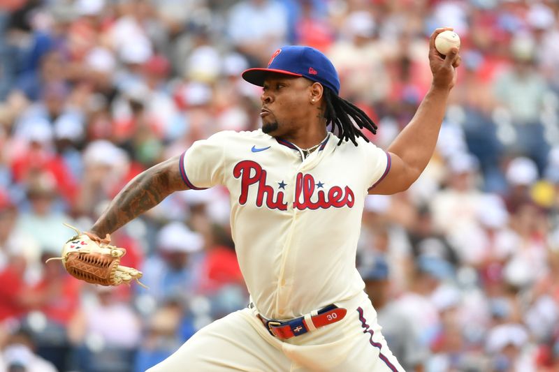 Jun 11, 2023; Philadelphia, Pennsylvania, USA; Philadelphia Phillies relief pitcher Gregory Soto (30) throws a pitch against the Los Angeles Dodgers during the sixth inning at Citizens Bank Park. Mandatory Credit: Eric Hartline-USA TODAY Sports