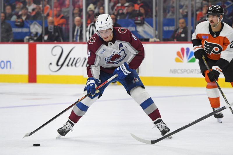 Nov 18, 2024; Philadelphia, Pennsylvania, USA; Colorado Avalanche defenseman Cale Makar (8) skates with the puck against the Philadelphia Flyers during the second period at Wells Fargo Center. Mandatory Credit: Eric Hartline-Imagn Images