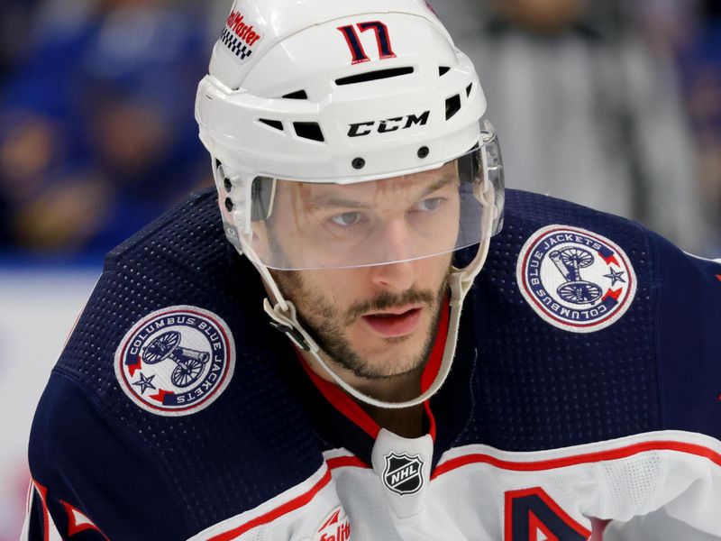 Dec 30, 2023; Buffalo, New York, USA;  Columbus Blue Jackets right wing Justin Danforth (17) waits for the face-off during the third period against the Buffalo Sabres at KeyBank Center. Mandatory Credit: Timothy T. Ludwig-USA TODAY Sports