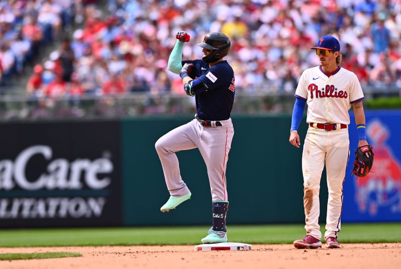 May 7, 2023; Philadelphia, Pennsylvania, USA; Boston Red Sox shortstop Kike Hernandez (5) reacts after hitting a double against the Philadelphia Phillies in the eighth inning at Citizens Bank Park. Mandatory Credit: Kyle Ross-USA TODAY Sports