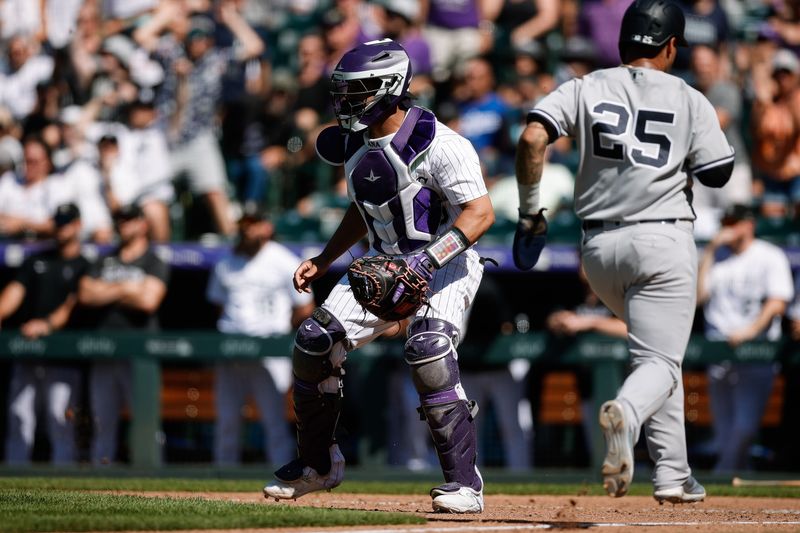 Jul 16, 2023; Denver, Colorado, USA; New York Yankees second baseman Gleyber Torres (25) runs to home against Colorado Rockies catcher Elias Diaz (35) to tie the game in the ninth inning at Coors Field. Mandatory Credit: Isaiah J. Downing-USA TODAY Sports