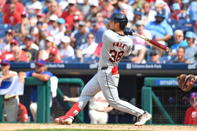 Jul 28, 2024; Philadelphia, Pennsylvania, USA;  Cleveland Guardians outfielder Steven Kwan (38) watches his home run against the Philadelphia Phillies during the seventh inning at Citizens Bank Park. Mandatory Credit: Eric Hartline-USA TODAY Sports