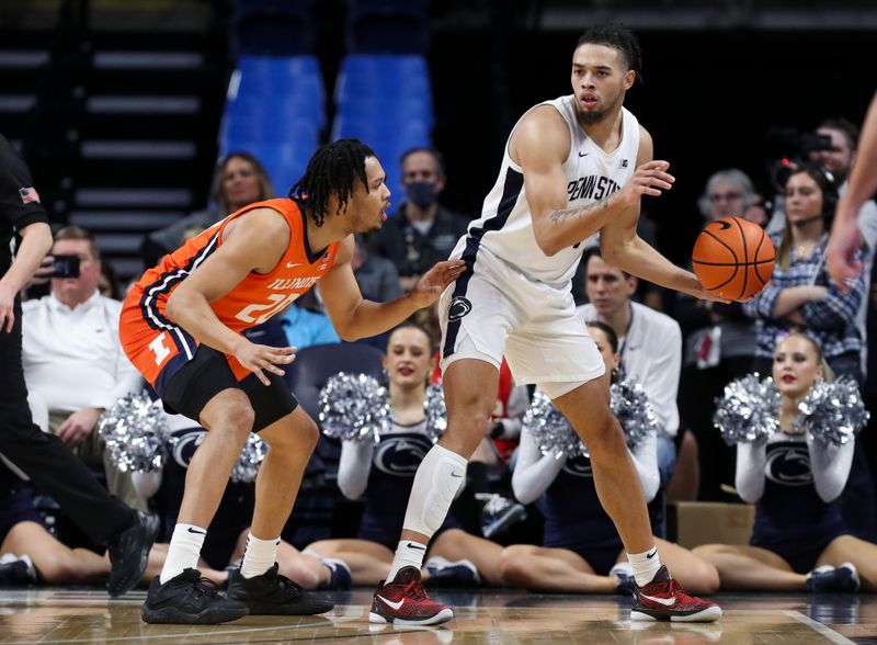 Feb 14, 2023; University Park, Pennsylvania, USA; Penn State Nittany Lions guard/forward Seth Lundy (1) holds the ba;; as Illinois Fighting Illini guard/forward Ty Rodgers (20) defends during the second half at Bryce Jordan Center. Penn State defeated Illinois 93-81. Mandatory Credit: Matthew OHaren-USA TODAY Sports