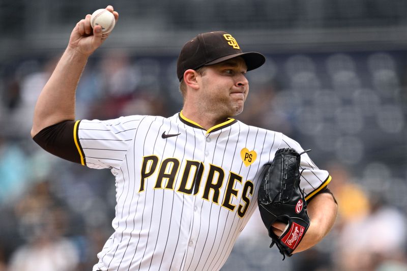 May 15, 2024; San Diego, California, USA; San Diego Padres starting pitcher Michael King (34) throws a pitch against the Colorado Rockies during the first inning at Petco Park. Mandatory Credit: Orlando Ramirez-USA TODAY Sports