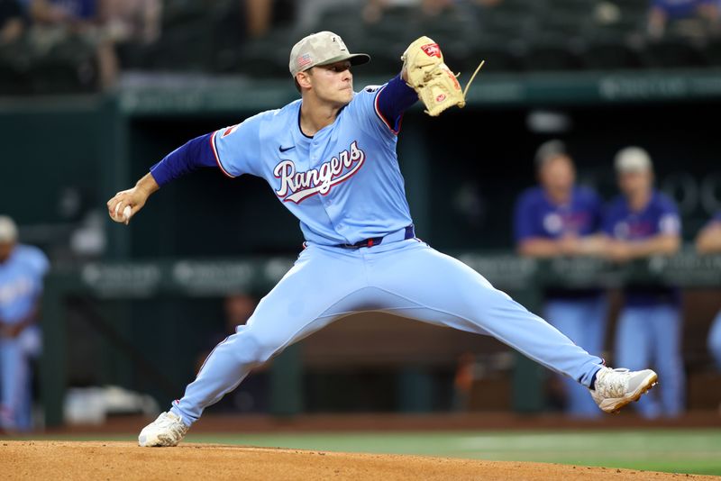 May 18, 2025; Arlington, Texas, USA; Texas Rangers pitcher Jack Leiter (35) throws a pitch during the first inning against the Houston Astros at Globe Life Field. Mandatory Credit: Tim Heitman-Imagn Images