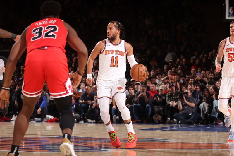 NEW YORK, NY - JANUARY 3: Jalen Brunson #11 of the New York Knicks brings the ball up court against the Chicago Bulls on January 3, 2024 at Madison Square Garden in New York City, New York.  NOTE TO USER: User expressly acknowledges and agrees that, by downloading and or using this photograph, User is consenting to the terms and conditions of the Getty Images License Agreement. Mandatory Copyright Notice: Copyright 2024 NBAE  (Photo by Nathaniel S. Butler/NBAE via Getty Images)