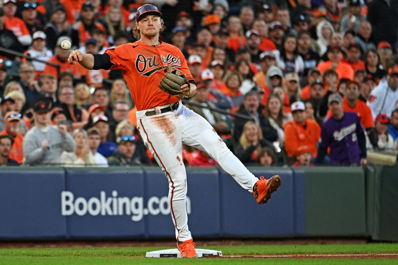 Oct 8, 2023; Baltimore, Maryland, USA; Baltimore Orioles third baseman Gunnar Henderson (2) turns a double play \d 5i\ against the Texas Rangers during game two of the ALDS for the 2023 MLB playoffs at Oriole Park at Camden Yards. Mandatory Credit: Tommy Gilligan-USA TODAY Sports