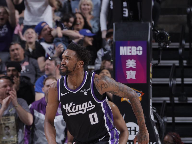 SACRAMENTO, CA - MARCH 7: Malik Monk #0 of the Sacramento Kings celebrates during the game against the San Antonio Spurs on March 7, 2024 at Golden 1 Center in Sacramento, California. NOTE TO USER: User expressly acknowledges and agrees that, by downloading and or using this Photograph, user is consenting to the terms and conditions of the Getty Images License Agreement. Mandatory Copyright Notice: Copyright 2024 NBAE (Photo by Rocky Widner/NBAE via Getty Images)