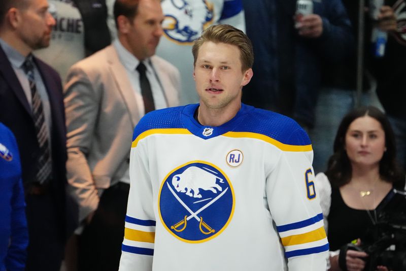 Dec 13, 2023; Denver, Colorado, USA; Buffalo Sabres defenseman Erik Johnson (6) before the game Colorado Avalanche at Ball Arena. Mandatory Credit: Ron Chenoy-USA TODAY Sports