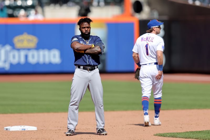 May 18, 2023; New York City, New York, USA; Tampa Bay Rays left fielder Randy Arozarena (56) celebrates his double against the New York Mets during the ninth inning at Citi Field. Mandatory Credit: Brad Penner-USA TODAY Sports