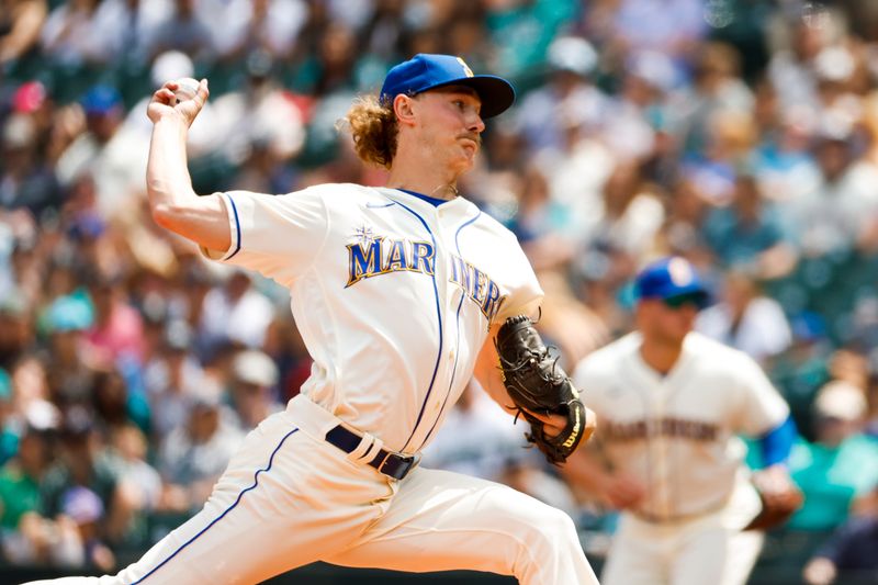 Jul 16, 2023; Seattle, Washington, USA; Seattle Mariners starting pitcher Bryce Miller (50) throws against the Detroit Tigers during the first inning at T-Mobile Park. Mandatory Credit: Joe Nicholson-USA TODAY Sports