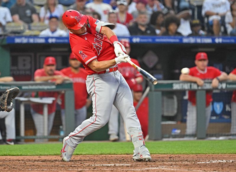 Jun 16, 2023; Kansas City, Missouri, USA; Los Angeles Angels center fielder Mike Trout (27) singles in the sixth inning against the Kansas City Royals at Kauffman Stadium. Mandatory Credit: Peter Aiken-USA TODAY Sports