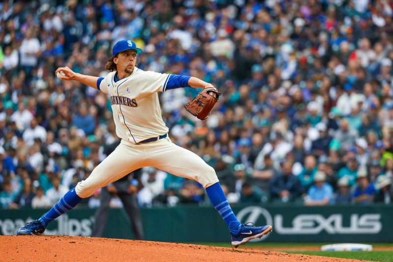 Jun 16, 2024; Seattle, Washington, USA; Seattle Mariners starting pitcher Logan Gilbert (36) throws against the Texas Rangers during the second inning at T-Mobile Park. Mandatory Credit: Joe Nicholson-USA TODAY Sports