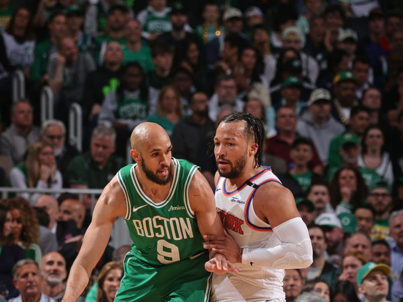 BOSTON, MA - May 7:   Derrick White #9 of the Boston Celtics dribbles the ball during the game against the New York Knicks  during Round 2 Game 2 of the 2025 NBA Playoffs  on May 7, 2025 at TD Garden in Boston, Massachusetts. NOTE TO USER: User expressly acknowledges and agrees that, by downloading and/or using this Photograph, user is consenting to the terms and conditions of the Getty Images License Agreement. Mandatory Copyright Notice: Copyright 2025 NBAE (Photo by Nathaniel S. Butler/NBAE via Getty Images)