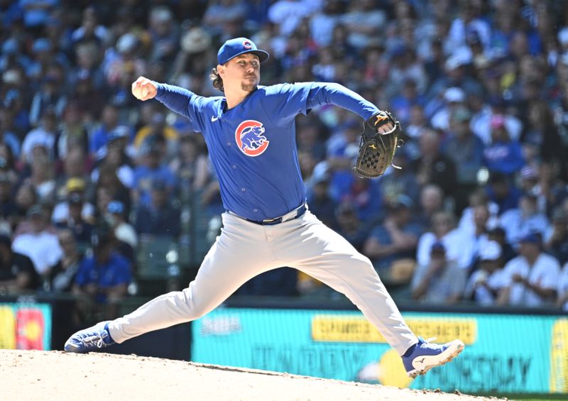 May 30, 2024; Milwaukee, Wisconsin, USA; Chicago Cubs relief pitcher Mark Leiter Jr. (38) delivers a pitch against the Milwaukee Brewers in the seventh inning at American Family Field. Mandatory Credit: Michael McLoone-USA TODAY Sports