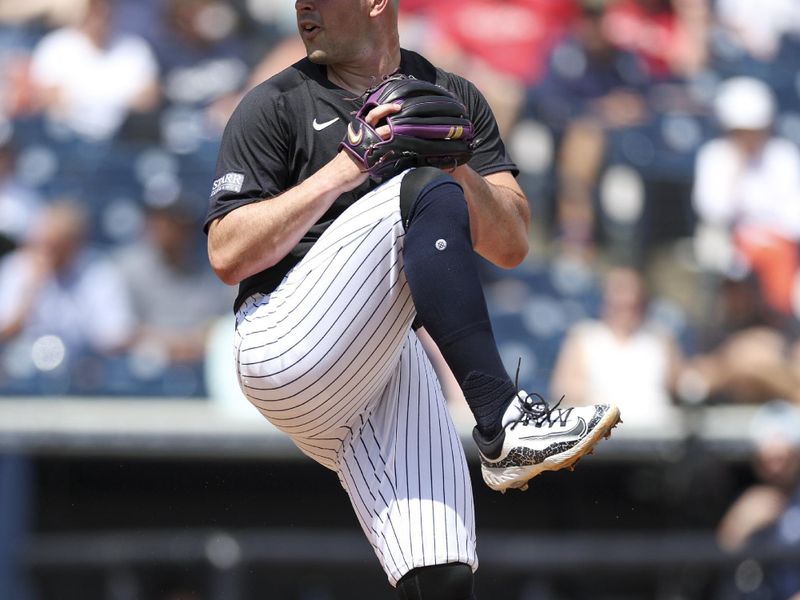 Mar 18, 2024; Tampa, Florida, USA;  New York Yankees starting pitcher Carlos Rodon (55) throws a pitch against the Philadelphia Phillies in the second inning at George M. Steinbrenner Field. Mandatory Credit: Nathan Ray Seebeck-USA TODAY Sports