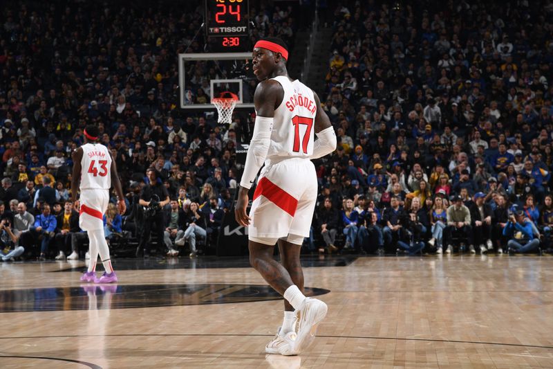 SAN FRANCISCO, CA - JANUARY 7: Dennis Schroder #17 of the Toronto Raptors looks on during the game against the Golden State Warriors on January 7, 2024 at Chase Center in San Francisco, California. NOTE TO USER: User expressly acknowledges and agrees that, by downloading and or using this photograph, user is consenting to the terms and conditions of Getty Images License Agreement. Mandatory Copyright Notice: Copyright 2024 NBAE (Photo by Noah Graham/NBAE via Getty Images)