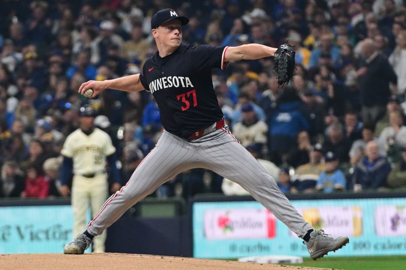 Apr 2, 2024; Milwaukee, Wisconsin, USA;  Minnesota Twins pitcher Louie Varland (37) throws a pitch in the first inning against the Milwaukee Brewers at American Family Field. Mandatory Credit: Benny Sieu-USA TODAY Sports