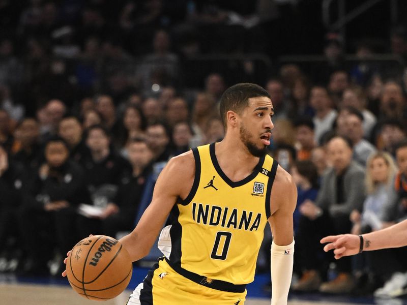 NEW YORK, NY - FEBRUARY 10: Tyrese Haliburton #0 of the Indiana Pacers dribbles the ball during the game against the New York Knicks on February 10, 2024 at Madison Square Garden in New York City, New York.  NOTE TO USER: User expressly acknowledges and agrees that, by downloading and or using this photograph, User is consenting to the terms and conditions of the Getty Images License Agreement. Mandatory Copyright Notice: Copyright 2024 NBAE  (Photo by David Dow/NBAE via Getty Images)