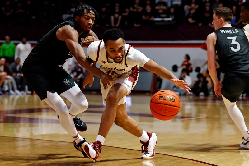 Jan 23, 2024; Blacksburg, Virginia, USA; Boston College Eagles guard Jack Di Donna (15) reaches for the ball against Virginia Tech Hokies guard MJ Collins (2) during the first half at Cassell Coliseum. Mandatory Credit: Peter Casey-USA TODAY Sports