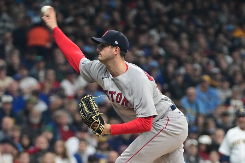 Apr 22, 2023; Milwaukee, Wisconsin, USA; Boston Red Sox pitcher Garrett Whitlock (22) throws a pitch in the first inning against the Milwaukee Brewers at American Family Field. Mandatory Credit: Benny Sieu-USA TODAY Sports