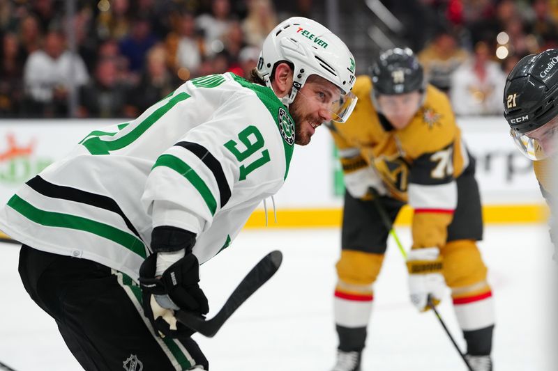 May 3, 2024; Las Vegas, Nevada, USA; Dallas Stars center Tyler Seguin (91) prepares to take a face off against the Vegas Golden Knights during the first period of game six of the first round of the 2024 Stanley Cup Playoffs at T-Mobile Arena. Mandatory Credit: Stephen R. Sylvanie-USA TODAY Sports