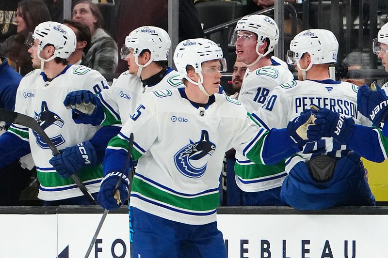 Feb 4, 2026; Las Vegas, Nevada, USA; Vancouver Canucks defenseman Elias Pettersson (25) celebrates after scoring a goal against the Vegas Golden Knights during the second period at T-Mobile Arena. Mandatory Credit: Stephen R. Sylvanie-Imagn Images