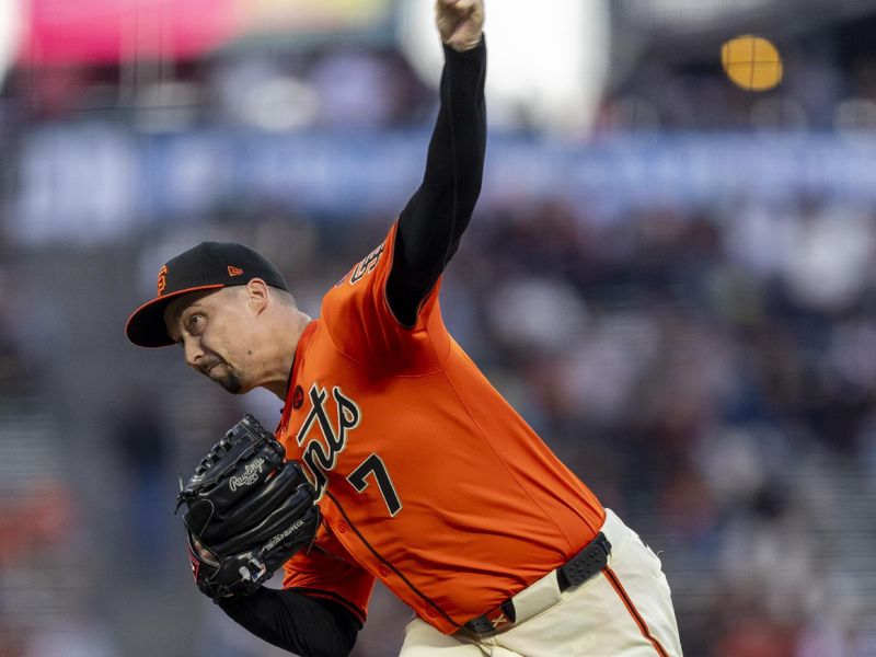 Aug 30, 2024; San Francisco, California, USA; San Francisco Giants starting pitcher Blake Snell (7) throws against the Miami Marlins during the first inning at Oracle Park. Mandatory Credit: John Hefti-USA TODAY Sports