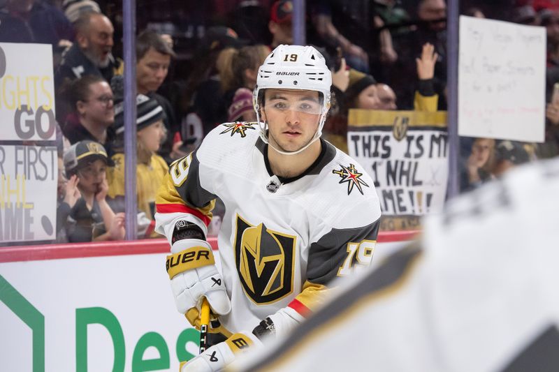 Feb 24, 2024; Ottawa, Ontario, CAN; Vegas Golden Knights center Brendan Brisson (19) skates during warmup prior to game against the Ottawa Senators at the Canadian Tire Centre. Mandatory Credit: Marc DesRosiers-USA TODAY Sports