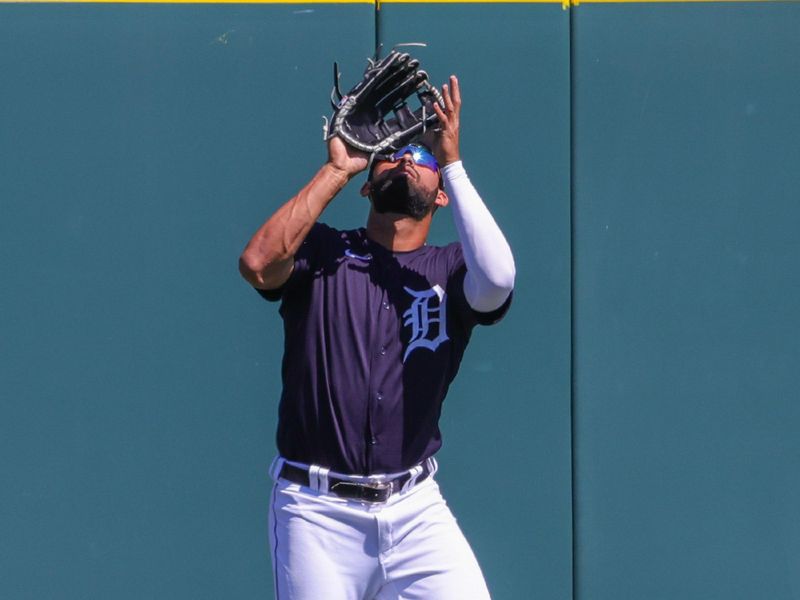 Feb 26, 2023; Lakeland, Florida, USA; Detroit Tigers center fielder Riley Greene (31) looks for a fly ball during the second inning against the Baltimore Orioles at Publix Field at Joker Marchant Stadium. Mandatory Credit: Mike Watters-USA TODAY Sports