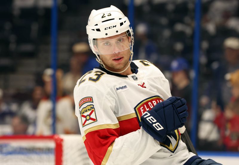 wwApr 25, 2024; Tampa, Florida, USA; Florida Panthers center Carter Verhaeghe (23) warms up before game three of the first round of the 2024 Stanley Cup Playoffs against the Tampa Bay Lightning at Amalie Arena. Mandatory Credit: Kim Klement Neitzel-USA TODAY Sports