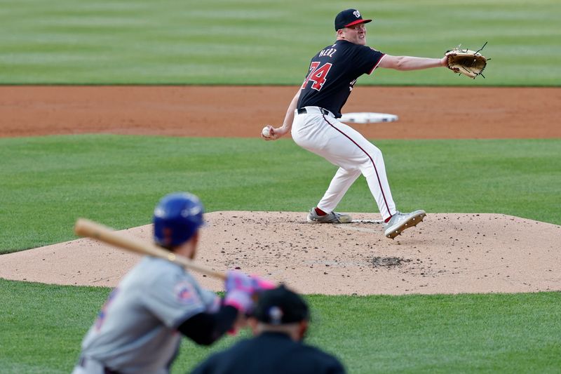 Jun 4, 2024; Washington, District of Columbia, USA; Washington Nationals starting pitcher D J Herz (74) pitches against New York Mets outfielder Harrison Bader (44) during the second inning at Nationals Park. Mandatory Credit: Geoff Burke-USA TODAY Sports