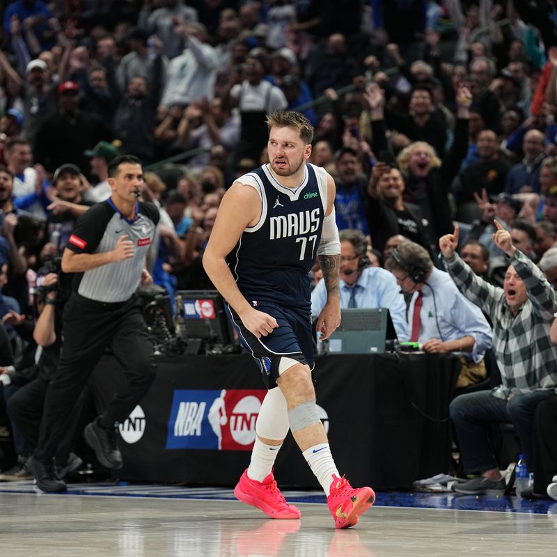 DALLAS, TX - MARCH 7: Luka Doncic #77 of the Dallas Mavericks reacts to a play during the game against the Miami Heat on March 7, 2024 at the American Airlines Center in Dallas, Texas. NOTE TO USER: User expressly acknowledges and agrees that, by downloading and or using this photograph, User is consenting to the terms and conditions of the Getty Images License Agreement. Mandatory Copyright Notice: Copyright 2024 NBAE (Photo by Glenn James/NBAE via Getty Images)