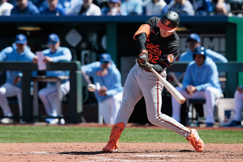 Apr 21, 2024; Kansas City, Missouri, USA; Baltimore Orioles first base Ryan O'Hearn (32) at bat during the sixth inning against the Kansas City Royals at Kauffman Stadium. Mandatory Credit: William Purnell-USA TODAY Sports