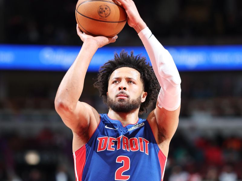 CHICAGO, IL - FEBRUARY 11: Cade Cunningham #2 of the Detroit Pistons shoots a free throw during the game against the Chicago Bulls on February 11, 2025 at United Center in Chicago, Illinois. NOTE TO USER: User expressly acknowledges and agrees that, by downloading and or using this photograph, User is consenting to the terms and conditions of the Getty Images License Agreement. Mandatory Copyright Notice: Copyright 2025 NBAE (Photo by Jeff Haynes/NBAE via Getty Images)