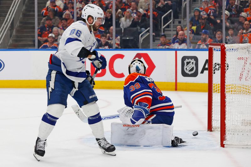 Mar 21, 2026; Edmonton, Alberta, CAN; Tampa Bay Lightning forward Nikita Kucherov (86) scores a goal during the second period against Edmonton Oilers goaltender Connor Ingram (39) at Rogers Place. Mandatory Credit: Perry Nelson-Imagn Images Mar 21, 2026; Edmonton, Alberta, CAN; Tampa Bay Lightning forward Nikita Kucherov (86) scores a goal during the second period against Edmonton Oilers goaltender Connor Ingram (39) at Rogers Place. Mandatory Credit: Perry Nelson-Imagn Images