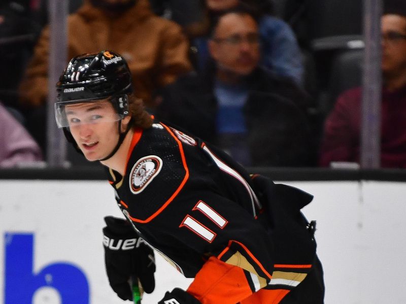 Jan 5, 2024; Anaheim, California, USA; Anaheim Ducks center Trevor Zegras (11) in action against the Winnipeg Jets during the second period at Honda Center. Mandatory Credit: Gary A. Vasquez-USA TODAY Sports