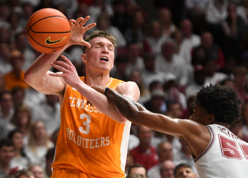 Mar 2, 2024; Tuscaloosa, Alabama, USA;  Alabama guard Aaron Estrada fouls Tennessee guard Dalton Knecht (3) at Coleman Coliseum. Mandatory Credit: Gary Cosby Jr.-USA TODAY Sports