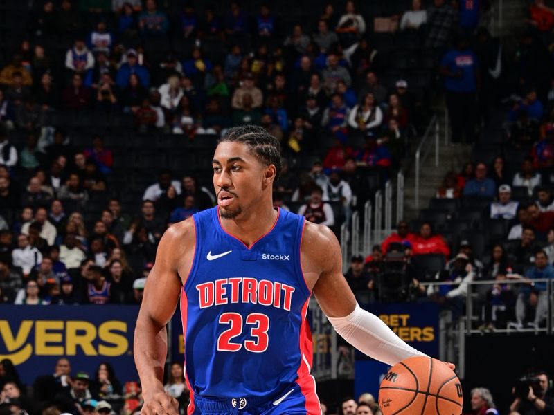 DETROIT, MI - NOVEMBER 1: Jaden Ivey #23 of the Detroit Pistons dribbles the ball during the game against the New York Knicks on November 1, 2024 at Little Caesars Arena in Detroit, Michigan. NOTE TO USER: User expressly acknowledges and agrees that, by downloading and/or using this photograph, User is consenting to the terms and conditions of the Getty Images License Agreement. Mandatory Copyright Notice: Copyright 2024 NBAE (Photo by Chris Schwegler/NBAE via Getty Images)