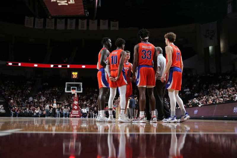 Dec 22, 2023; College Station, Texas, USA; The Houston Christian Huskies starters huddle together on the court prior to the game against the Texas A&M Aggies at Reed Arena. Mandatory Credit: Erik Williams-USA TODAY Sports