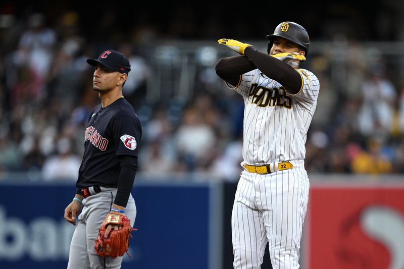 Jun 15, 2023; San Diego, California, USA; San Diego Padres left fielder Juan Soto (22) celebrates after hitting a double against the Cleveland Guardians during the sixth inning at Petco Park. Mandatory Credit: Orlando Ramirez-USA TODAY Sports