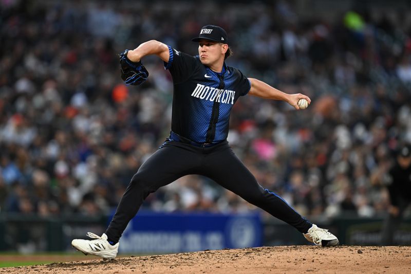 May 23, 2025; Detroit, Michigan, USA; Detroit Tigers pitcher Tyler Holton (87) throws a pitch against the Cleveland Guardians in the sixth inning at Comerica Park. Mandatory Credit: Lon Horwedel-Imagn Images