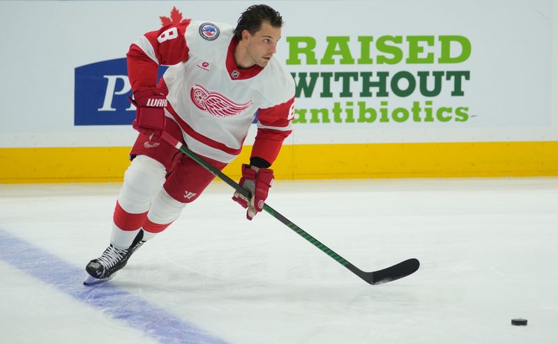 Nov 8, 2024; Toronto, Ontario, CAN; Detroit Red Wings defenseman Ben Chiarot (8) skates during warm up before a game against the Toronto Maple Leafs at Scotiabank Arena. Mandatory Credit: John E. Sokolowski-Imagn Images