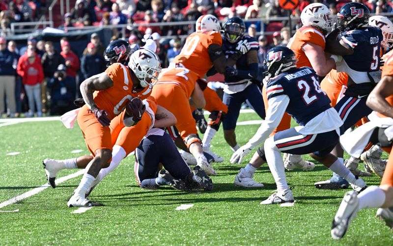 Nov 19, 2022; Lynchburg, Virginia, USA; Virginia Tech Hokies running back Jalen Holston (0 runs the ball  in the first half as Liberty Flames linebacker Aakil Washington (24) closes in at Williams Stadium. Mandatory Credit: Lee Luther Jr.-USA TODAY Sports