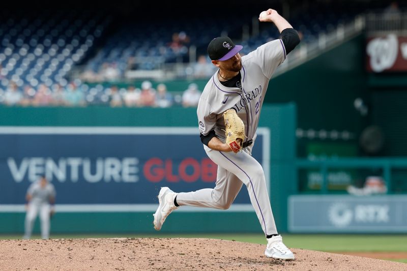 Aug 20, 2024; Washington, District of Columbia, USA; Colorado Rockies starting pitcher Austin Gomber (26) pitches against the Washington Nationals during the first inning at Nationals Park. Mandatory Credit: Geoff Burke-USA TODAY Sports