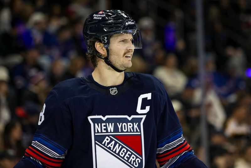 Nov 3, 2024; New York, New York, USA; New York Rangers defenseman Jacob Trouba (8) during the second period against the New York Islanders at Madison Square Garden. Mandatory Credit: Danny Wild-Imagn Images