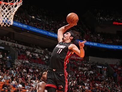 MIAMI, FL - DECEMBER 8: Jaime Jaquez Jr. #11 of the Miami Heat drives to the basket during the game against the Cleveland Cavaliers on December 8, 2023 at Kaseya Center in Miami, Florida. NOTE TO USER: User expressly acknowledges and agrees that, by downloading and or using this Photograph, user is consenting to the terms and conditions of the Getty Images License Agreement. Mandatory Copyright Notice: Copyright 2023 NBAE (Photo by Issac Baldizon/NBAE via Getty Images)