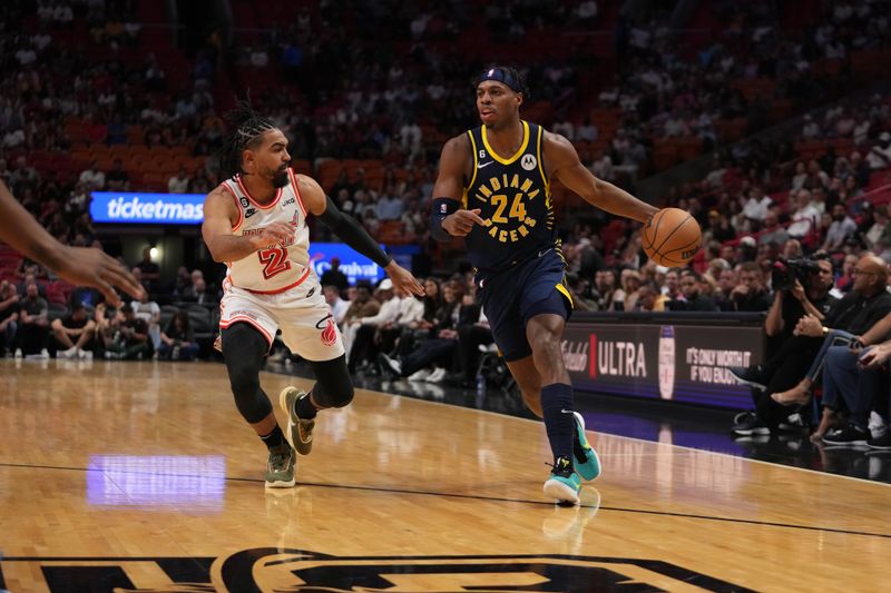 MIAMI, FL - FEBRUARY 8: Buddy Hield #24 of the Indiana Pacers dribbles the ball during the game against the Miami Heat on February 8, 2023 at Miami-Dade Arena in Miami, Florida. NOTE TO USER: User expressly acknowledges and agrees that, by downloading and or using this Photograph, user is consenting to the terms and conditions of the Getty Images License Agreement. Mandatory Copyright Notice: Copyright 2023 NBAE (Photo by Eric Espada/NBAE via Getty Images)